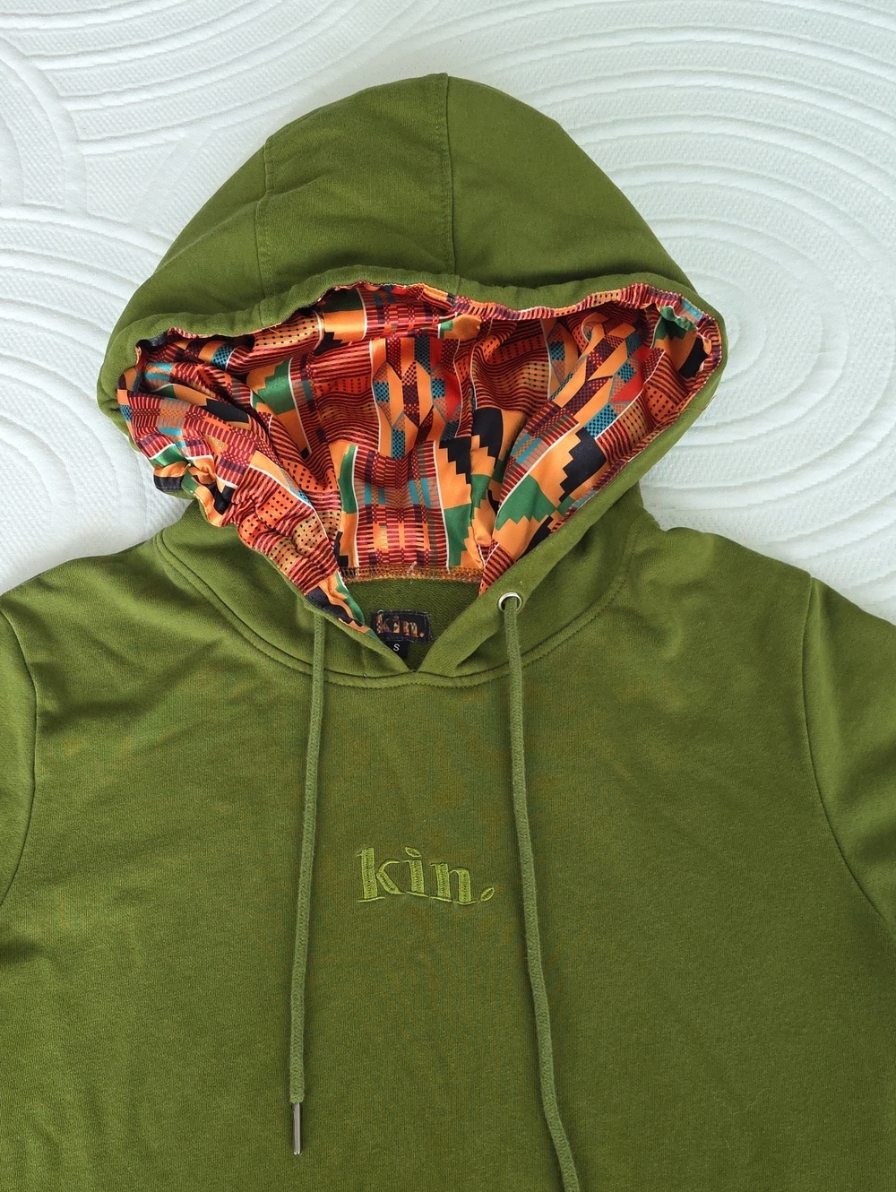 Kin Men's Olive Green Zip-Up Hoodie with Patterned Hood Lining